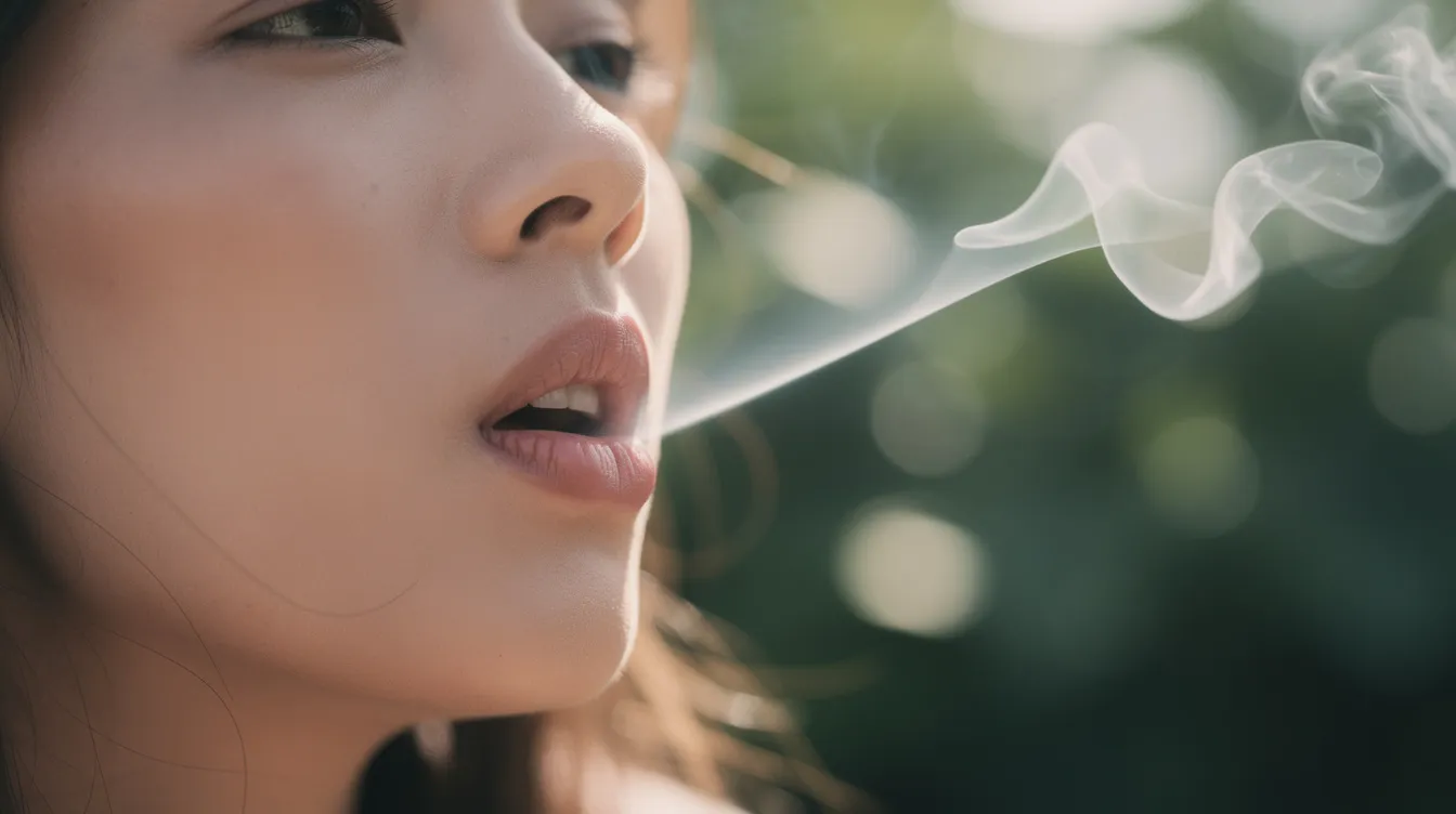 A close-up image captures a person exhaling a thin stream of smoke while outdoors, with a softly blurred natural background. This scene may represent the act of smoking CBD, highlighting the relaxing effects and potential therapeutic benefits associated with hemp-derived CBD products.