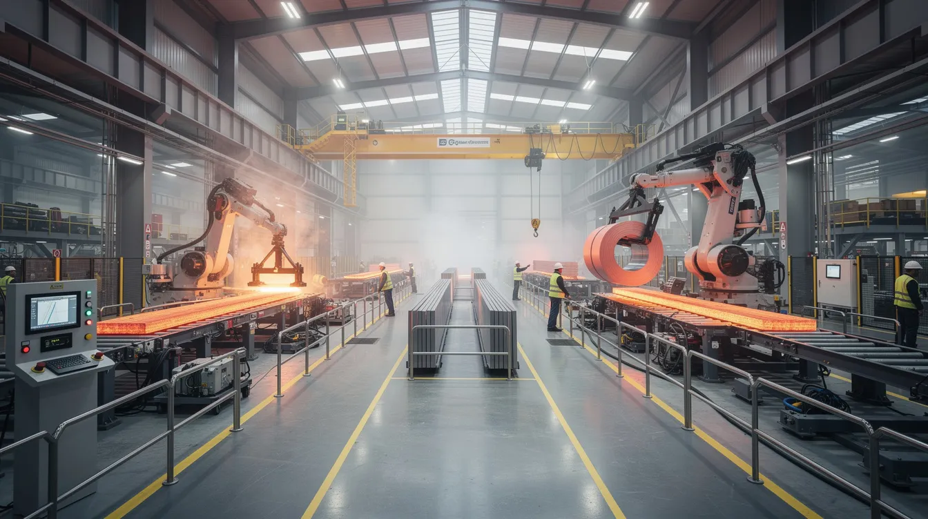 The image depicts the interior of a modern steel manufacturing plant, showcasing automated equipment and machinery used in the steel fabrication unit. This advanced facility is designed for producing high-quality stainless steel products, catering to various industries including construction and automotive.