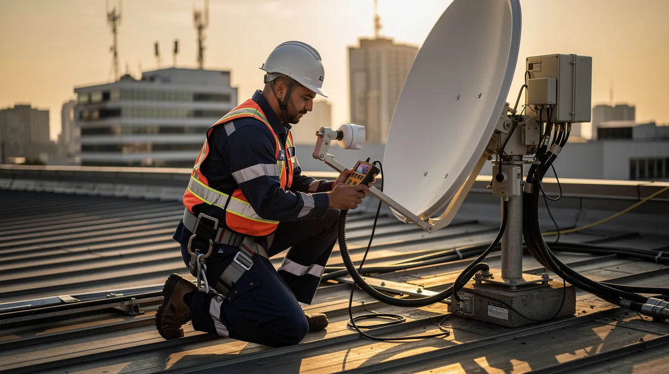 A professional technician is seen working on satellite equipment on a rooftop, ensuring proper installation and alignment of a DSTV dish for optimal signal reception. This scene highlights the expertise of accredited DSTV installers in providing quality installation services in Athlone.