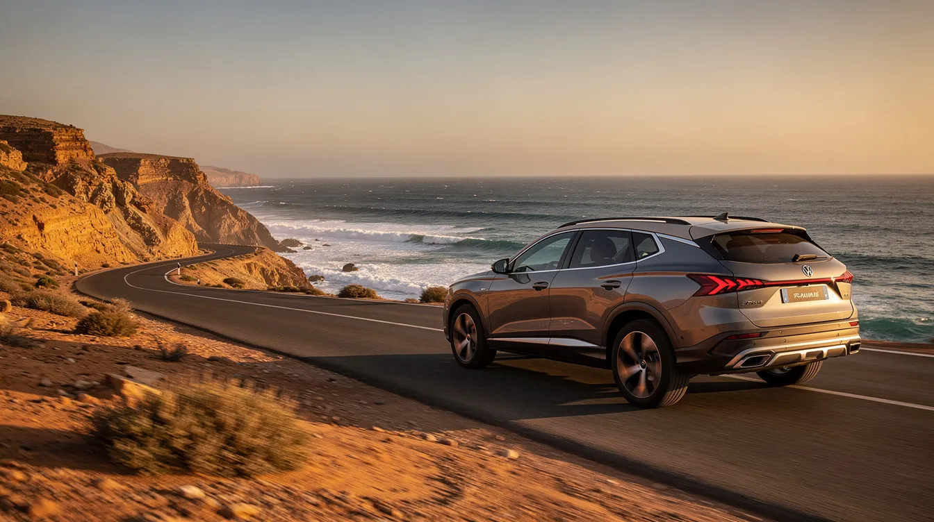 Un SUV roule sur une route côtière, offrant une vue panoramique sur l'océan Atlantique au Maroc. En arrière-plan, on aperçoit les plages d'Agadir, une destination prisée pour la location de voitures et les voyages en bord de mer.