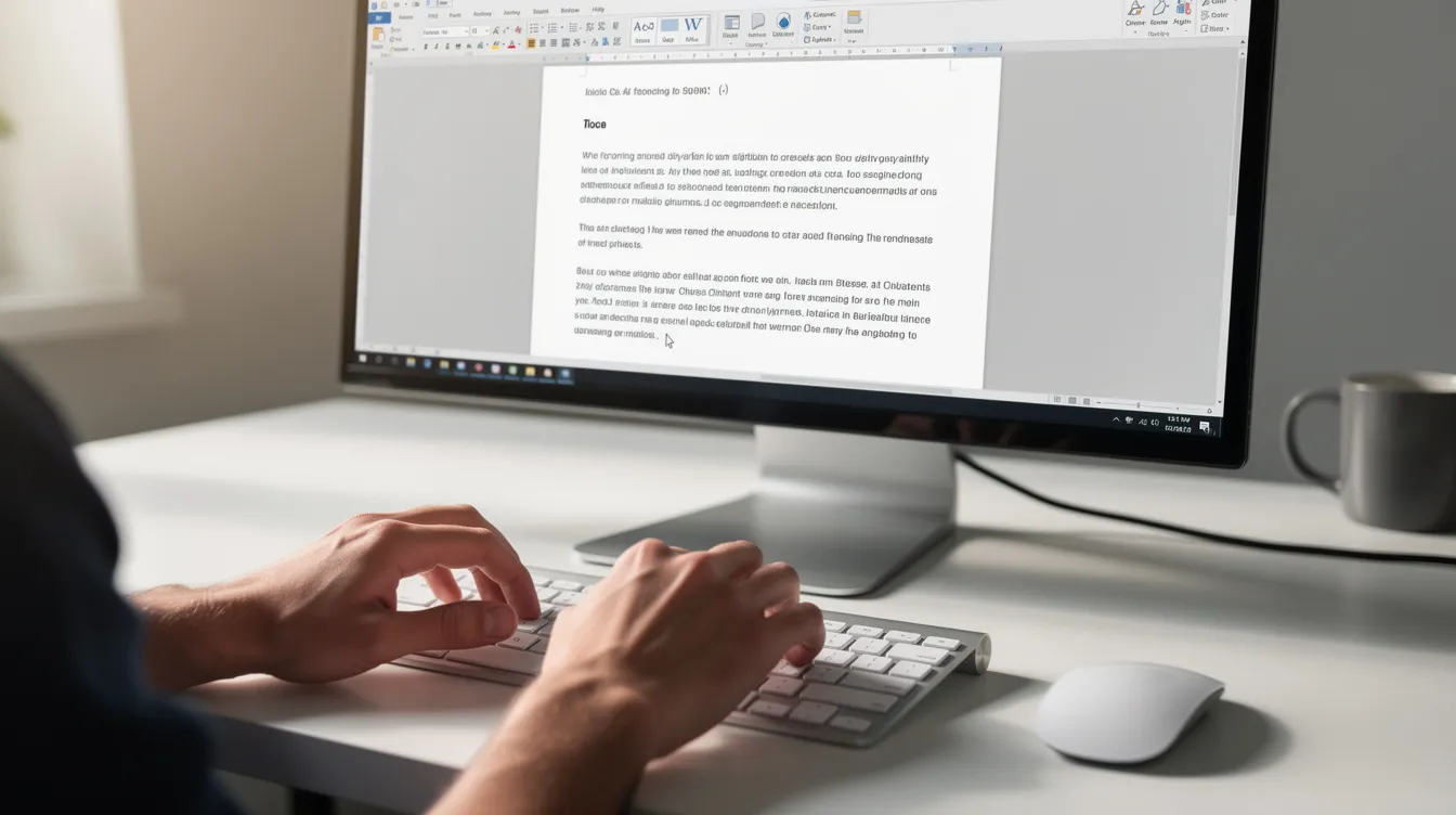 Une paire de mains tape sur un clavier, tandis qu'un logiciel de traitement de texte est visible à l'écran, illustrant l'utilisation d'outils d'intelligence artificielle pour la rédaction et la reformulation de texte. Des paragraphes et des phrases s'affichent, montrant la clarté et la précision dans la création de contenu.