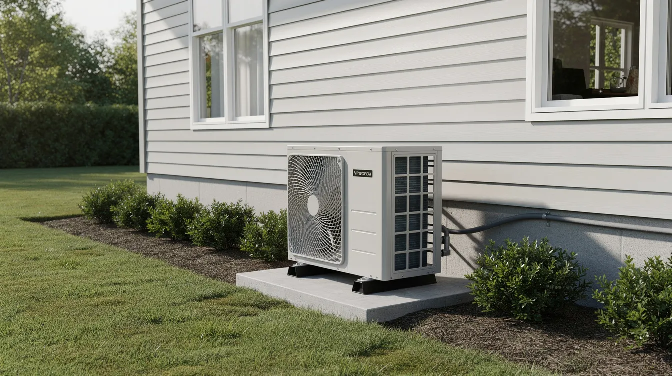 An outdoor heat pump unit is installed next to a residential home, ensuring proper clearance for optimal airflow and efficiency. This heat pump system is designed to meet the heating and cooling needs of a 1,500 sq ft house, contributing to energy efficiency and cost savings.
