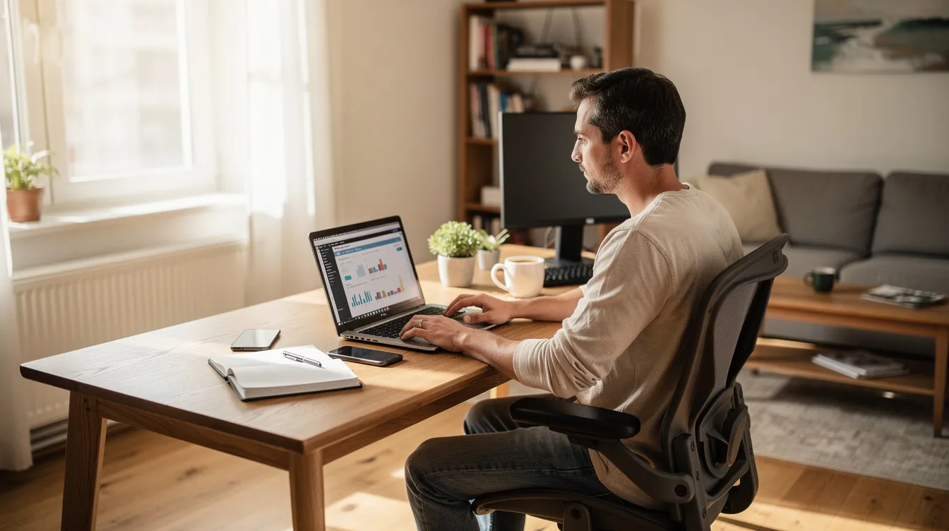 The image depicts a self-employed individual working from home, seated at a desk with a laptop and paperwork, surrounded by notes and a cup of coffee. This scene illustrates the daily life of self-employed workers managing their business income and preparing for tax season, including considerations for self employment taxes and business deductions.