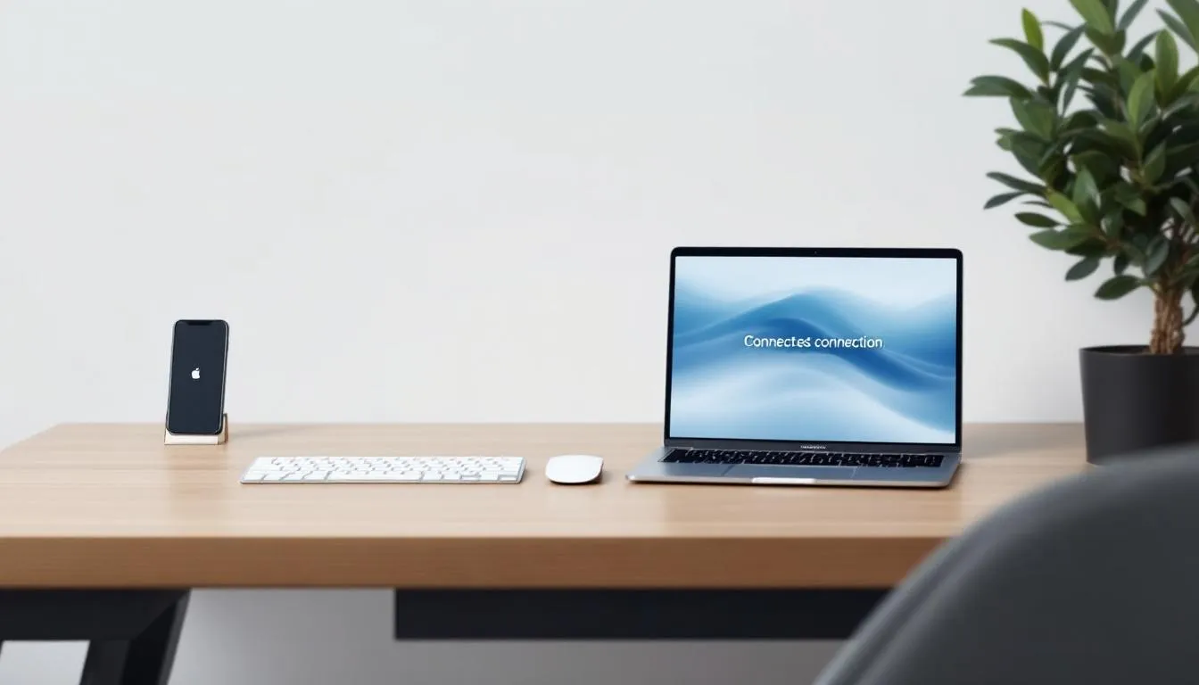 Un utilisateur configurant son MacBook avec son iPhone, illustrant la connexion rapide.