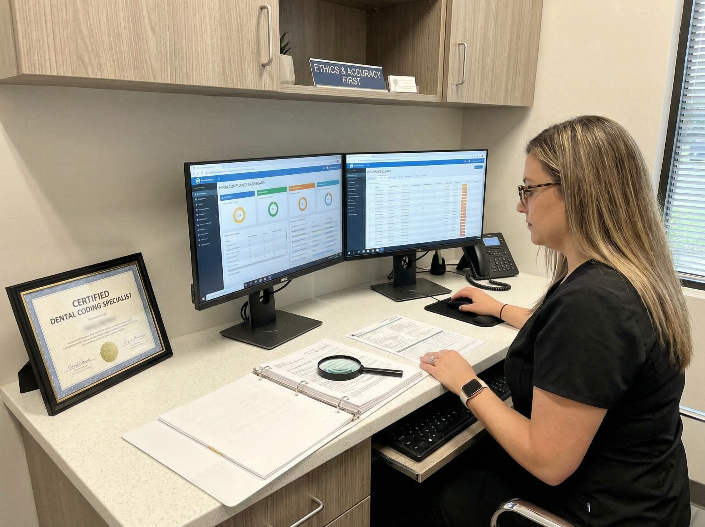 Dentist sitting at a desk in front of a HIPAA compliance dashboard with a certificate as a Dental Coding Specialist.