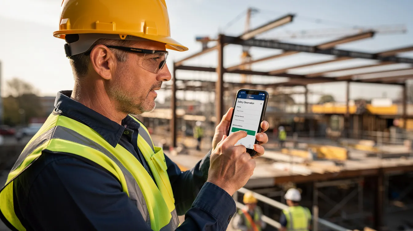 A close-up image shows a construction supervisor wearing personal protective equipment, focused on their smartphone as they log a safety observation on a commercial building site. This scene highlights the importance of occupational safety and effective reporting practices within the construction industry.