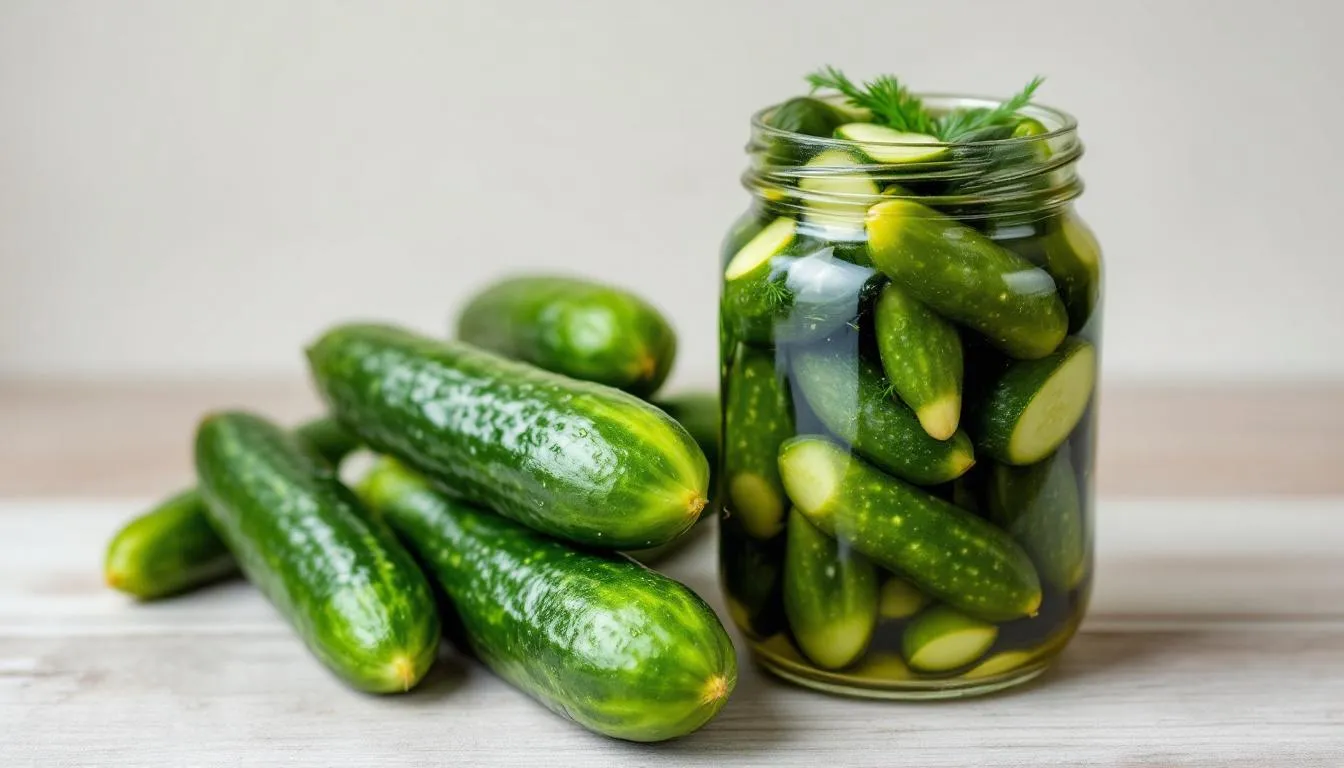 A fresh cucumber sits next to a jar of pickles, highlighting the contrast between the raw vegetable and its pickled counterpart. This image illustrates how cucumbers can be a healthy snack for dogs, while also showing the transformation into pickled cucumbers, which some dogs may also enjoy.