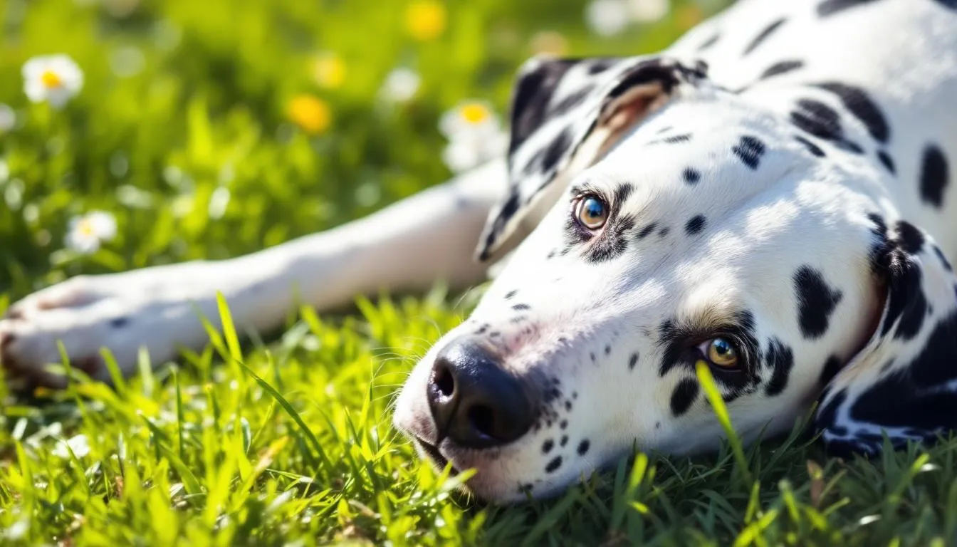 A Dalmatian dog is sunbathing on green grass, highlighting the breed's increased risk for developing skin cancer due to sun exposure, including conditions like squamous cell carcinomas and mast cell tumors. The image serves as a reminder of the importance of monitoring a dog's skin for any unusual changes that may indicate skin tumors or cancer.