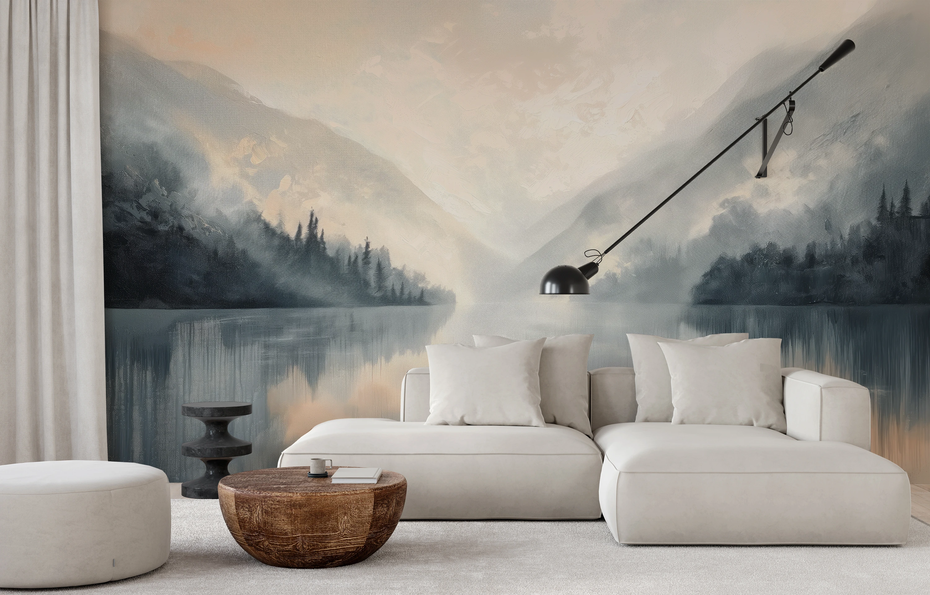 Forest scenery in shades of gray and blue, creating the atmosphere of a quiet morning in the mountains, great for a bedroom or place of rest.