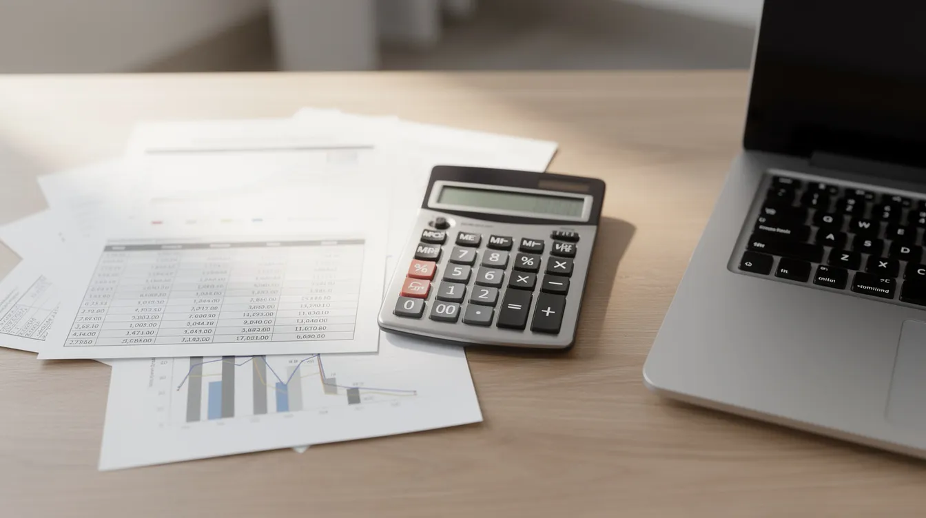 The image features a calculator and various financial documents laid out on a desk, alongside a laptop, suggesting a workspace focused on real estate investment strategies. This setup is ideal for real estate investors seeking to analyze hard money loans and manage their fix and flip projects efficiently.