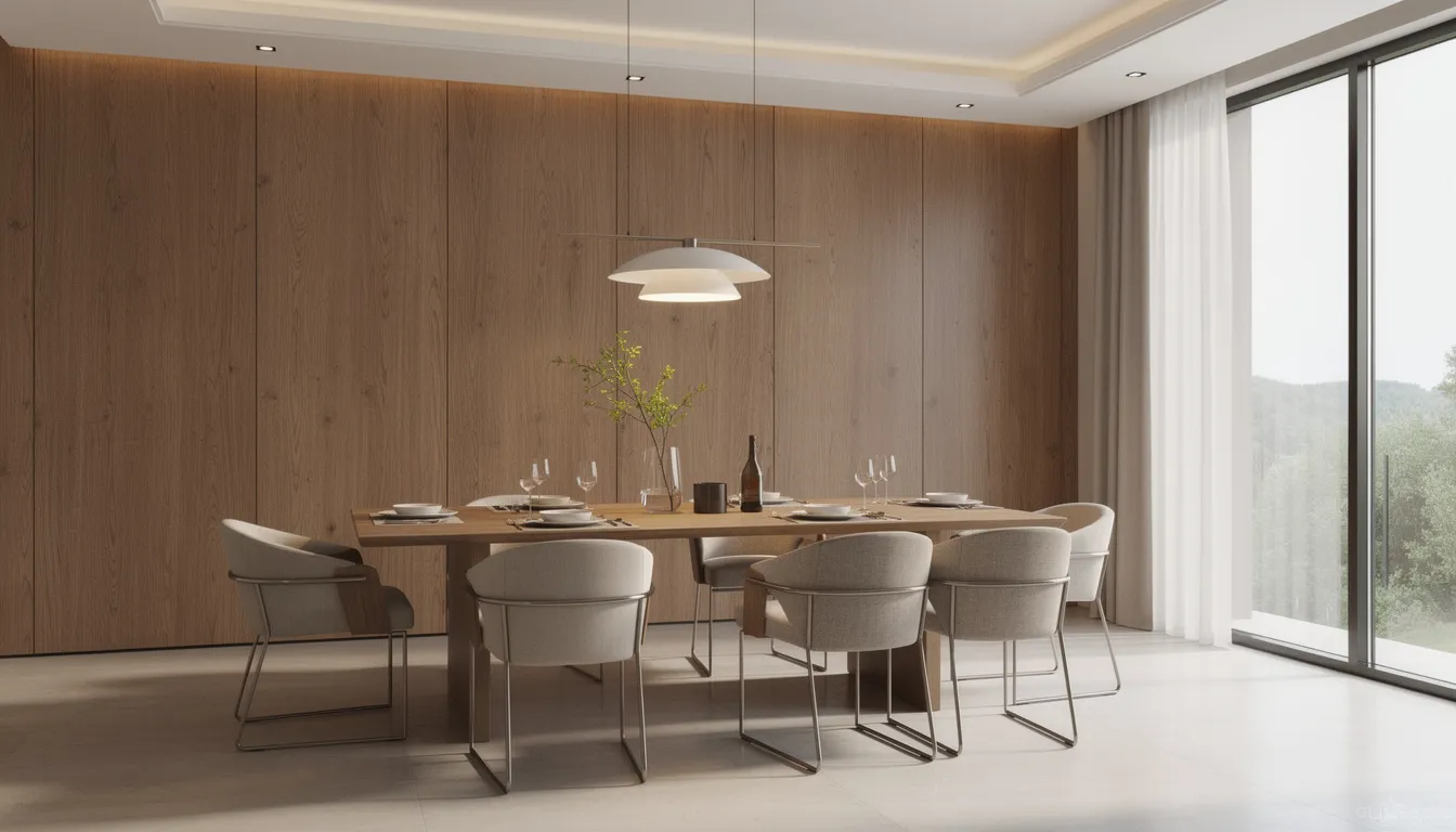 De afbeelding toont een luxe eetkamer met stijlvolle houten wandbekleding en een grote eettafel omringd door designstoelen. De houten akoestische wandpanelen dragen bij aan een betere akoestiek en geven de ruimte een warme uitstraling.