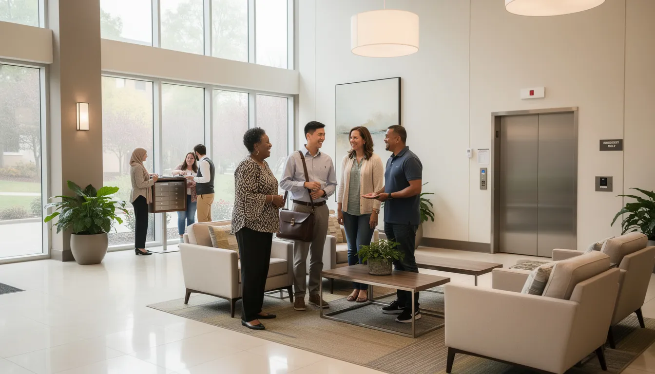 In a clean, well-lit apartment building lobby, a diverse group of residents engages in friendly conversation, reflecting the sense of community fostered by effective property management. This vibrant scene highlights the importance of clear communication and daily operations in maintaining a welcoming atmosphere in co-op and condo living.
