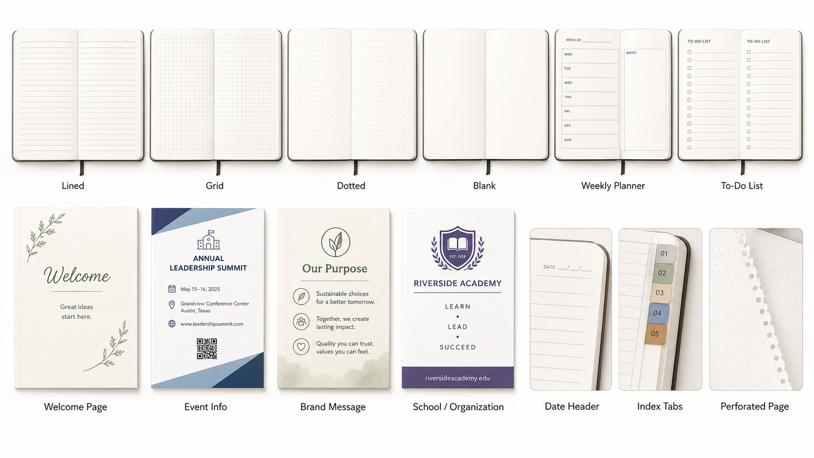 Notebook page layouts including lined, grid, dotted, blank, planner, and custom pages