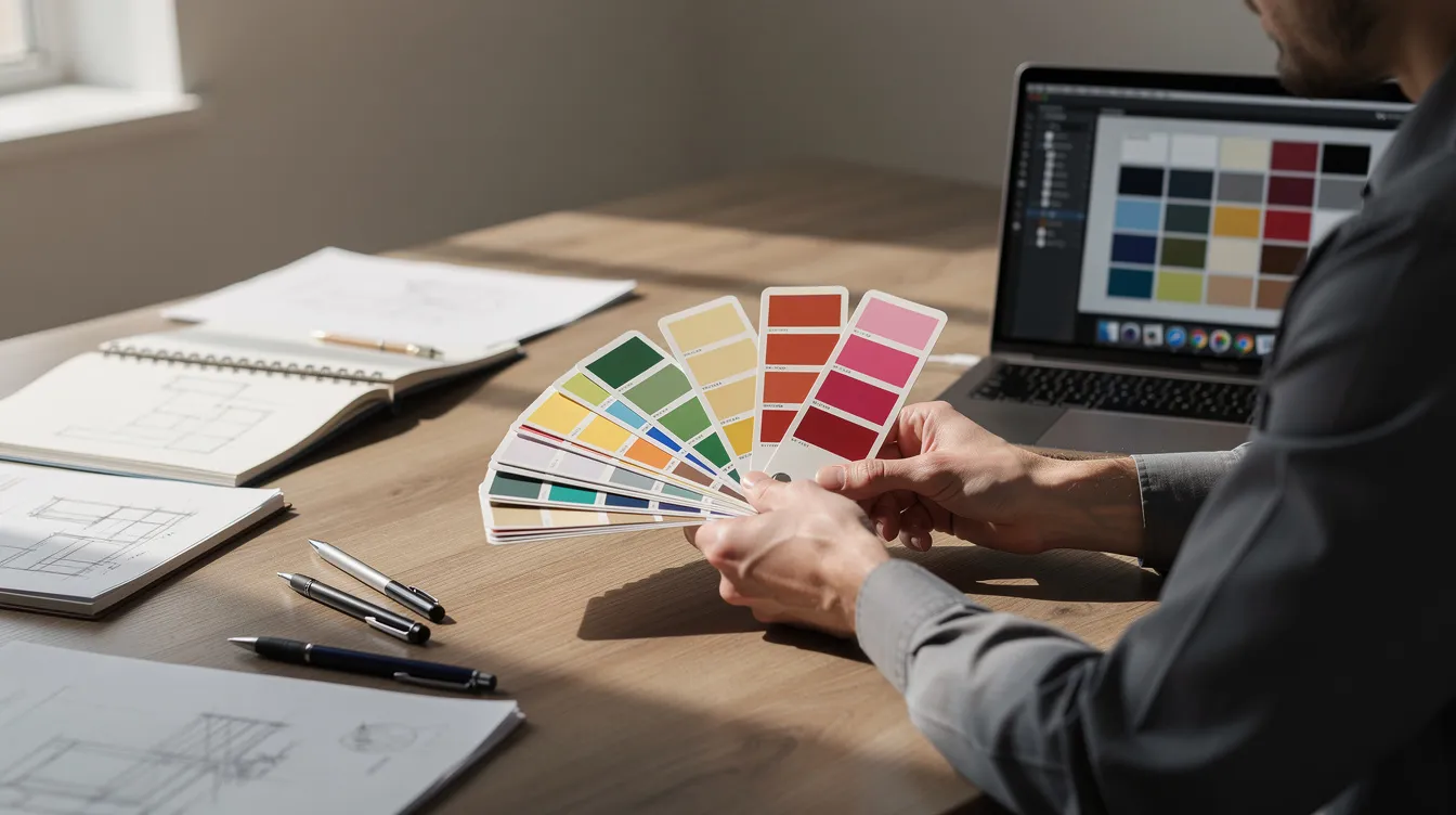 A designer is selecting colors from printed swatches while sitting next to a laptop, which is likely being used for an online logo maker or ai logo generator. The scene captures the creative process of fine-tuning design preferences for a professional logo or brand identity.