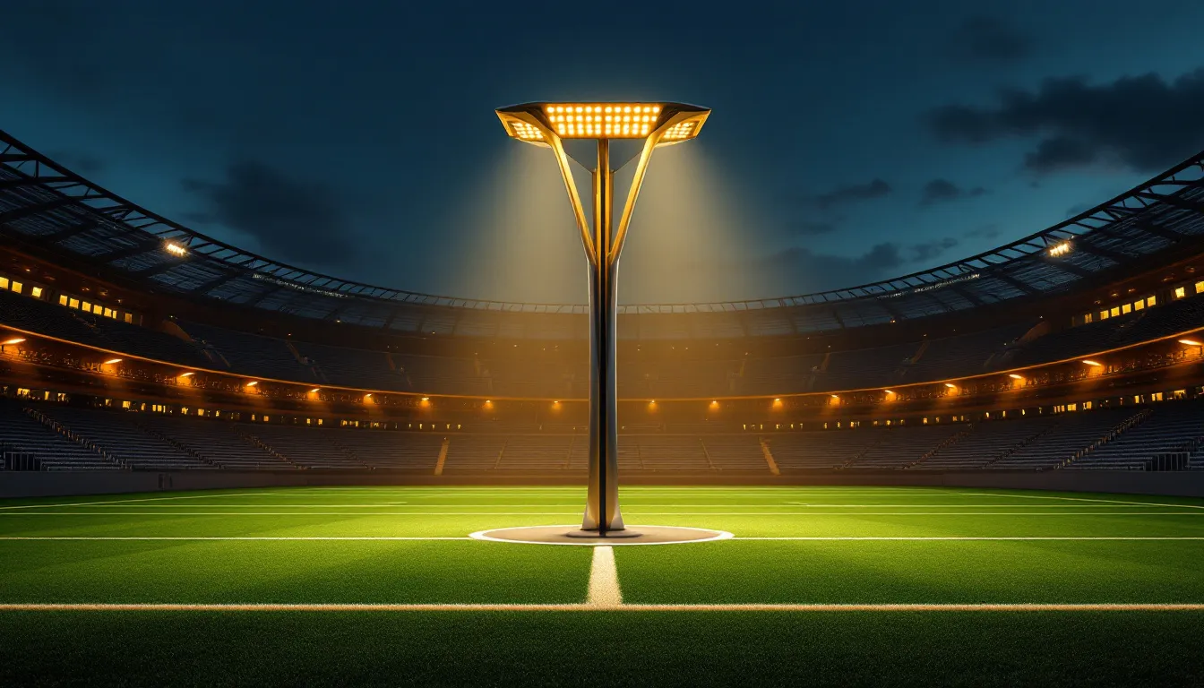 A tall stadium light pole illuminating a football field at night.