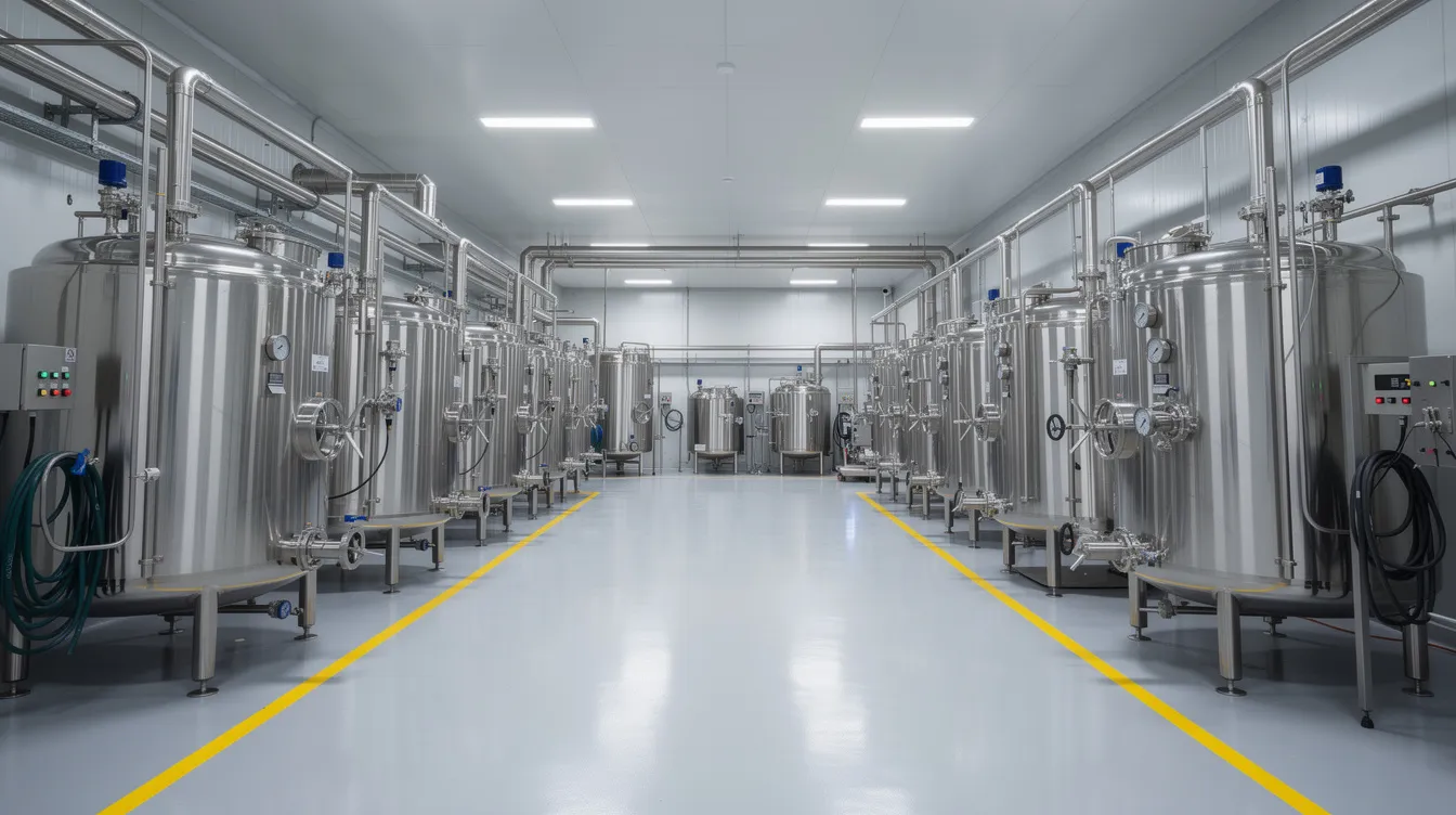 7c1e73ba 8992 4685 bf52 e38d1f856e6c The image depicts the interior of a modern food processing plant featuring stainless steel extraction tanks and intricate industrial piping, designed for the manufacturing process of pea protein isolate. This facility focuses on producing sustainable protein sources and functional foods, catering to the growing consumer demand for plant-based proteins and meat alternatives.
