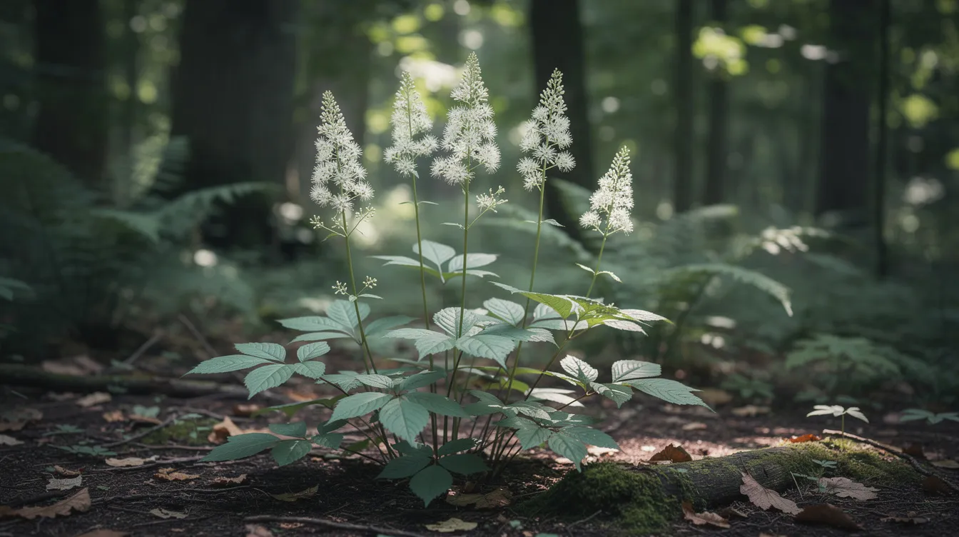 The image depicts a flowering black cohosh plant thriving in a shaded forest environment, highlighting its natural beauty. This plant is often recognized for its potential benefits in providing menopause relief, particularly for symptoms such as hot flashes and mood swings in menopausal women.