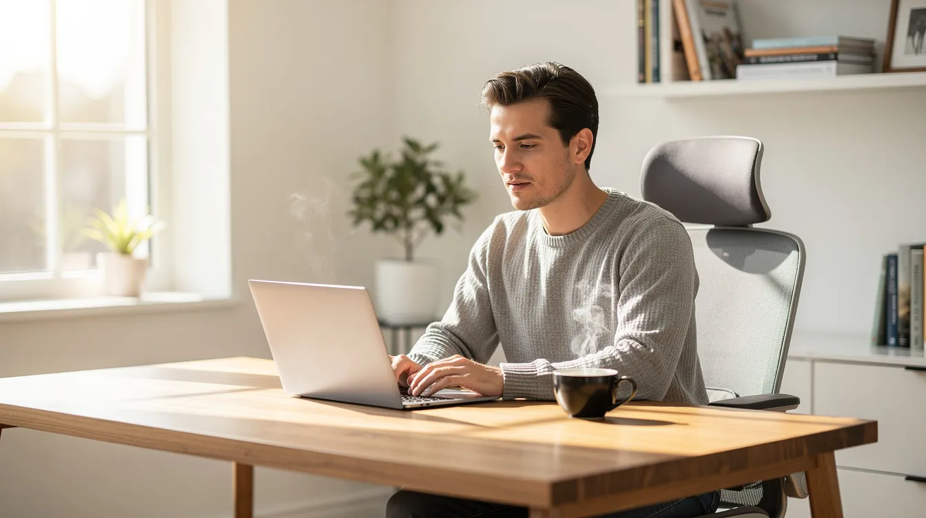 Eine Person sitzt an einem Schreibtisch in einem hellen Home-Office, arbeitet am Laptop und genießt eine Tasse Kaffee. Der Raum strahlt eine produktive Atmosphäre aus, ideal für das Arbeiten im Bereich Affiliate-Marketing und Online-Marketing.