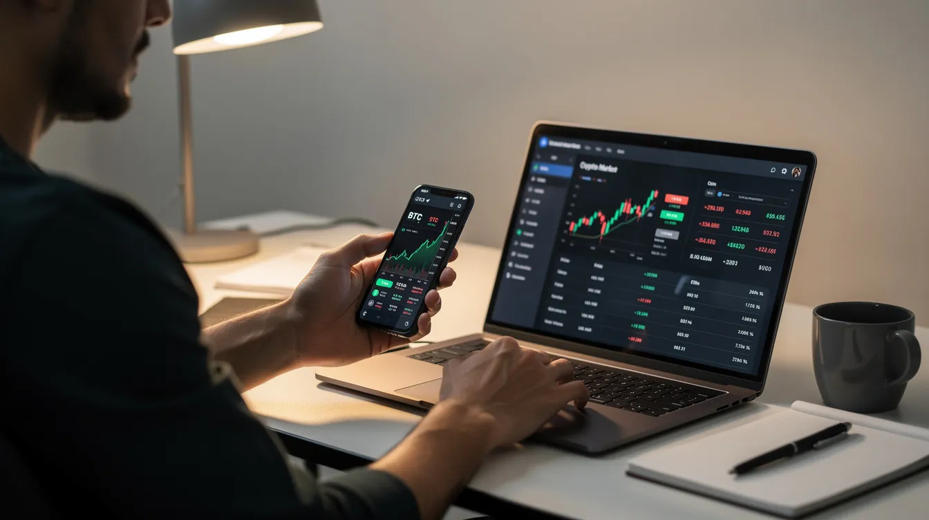 A person is sitting at a desk using a smartphone to check real-time cryptocurrency prices while a laptop is open in front of them, likely exploring trading strategies and tracking market cap for various crypto tokens. This setup suggests an interest in managing investments and utilizing tools for trading, such as a crypto trading bot.