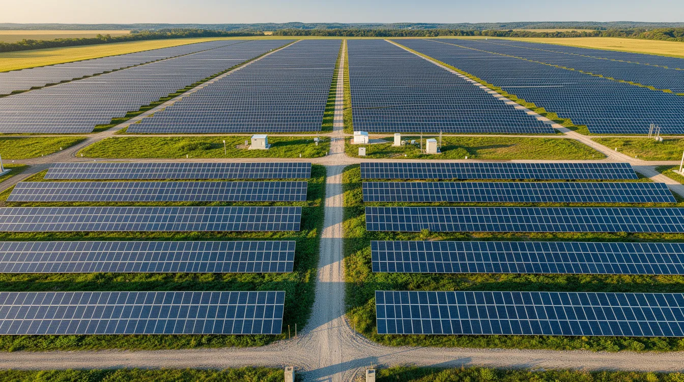 An aerial view of a large solar farm showcases rows of blue solar panels arranged neatly, with access roads running between sections and green grass growing underneath. This solar power system is designed for renewable energy generation, effectively converting the sun's energy into electricity.