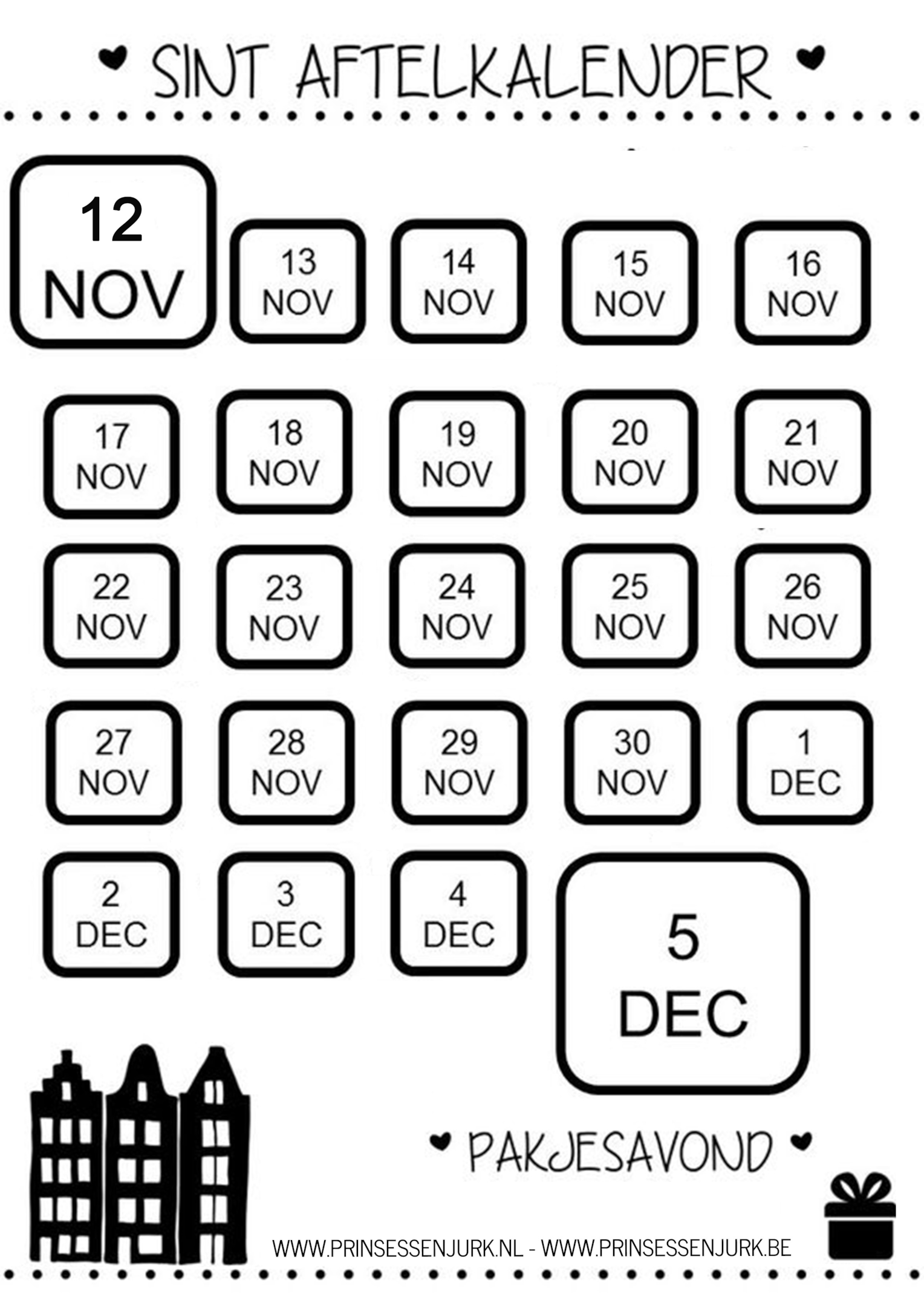 Sinterklaas pakjesavond aftelkalender gratis printable download