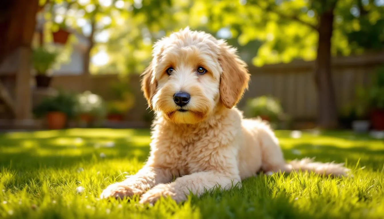 A mini goldendoodle sits happily in a sunny backyard, showcasing its fluffy cream-colored coat. This affectionate and friendly dog, a mix of golden retriever and miniature poodle, enjoys the warm weather in a vibrant outdoor setting.