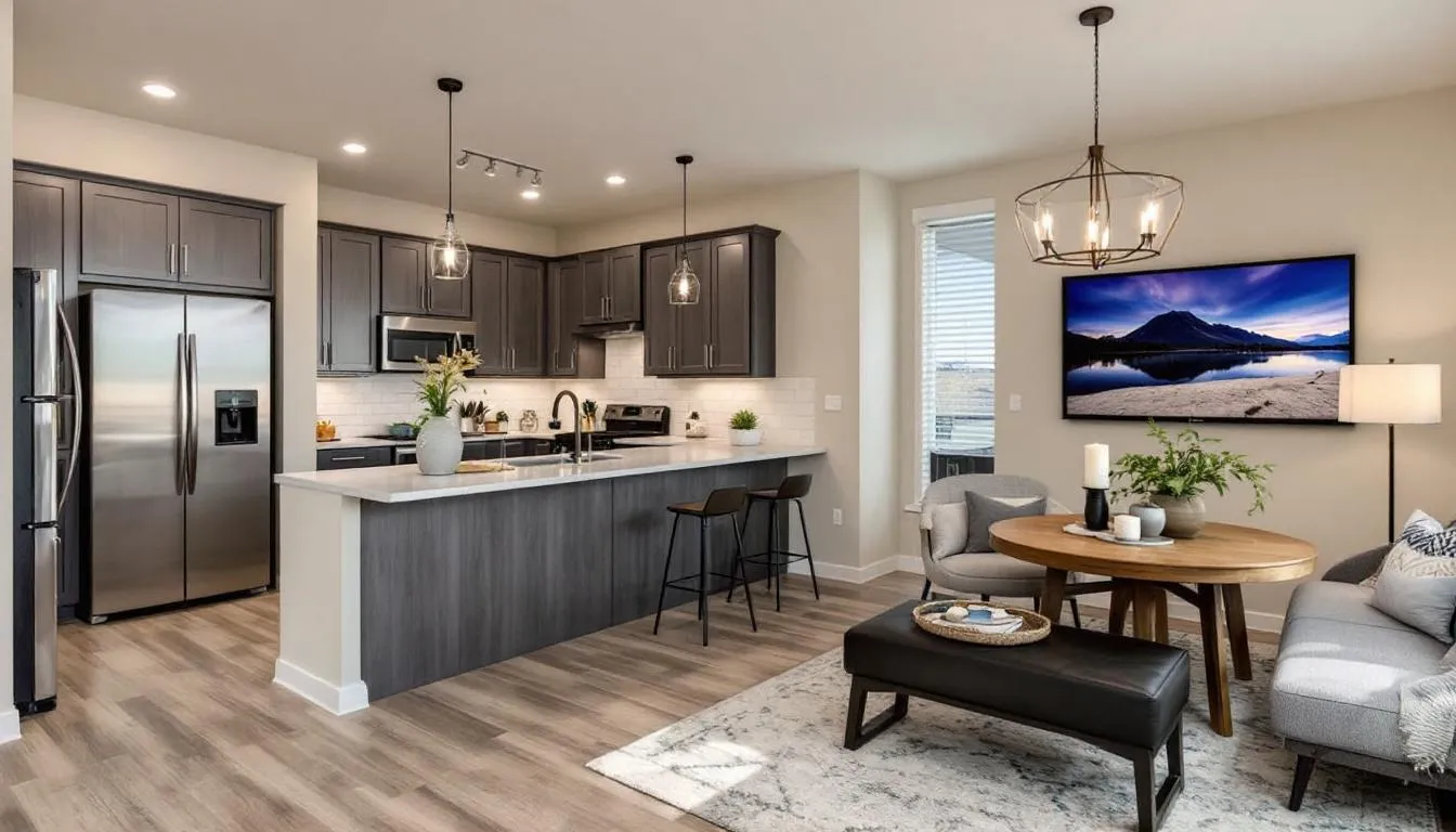 The image showcases a modern kitchen and living area within a Cypress Walk home in Fort Myers, featuring sleek cabinetry, an open floor plan, and stylish furnishings that highlight the sought-after gated community's appeal. The space is designed for comfort and functionality, making it an ideal setting for family gatherings or entertaining guests.