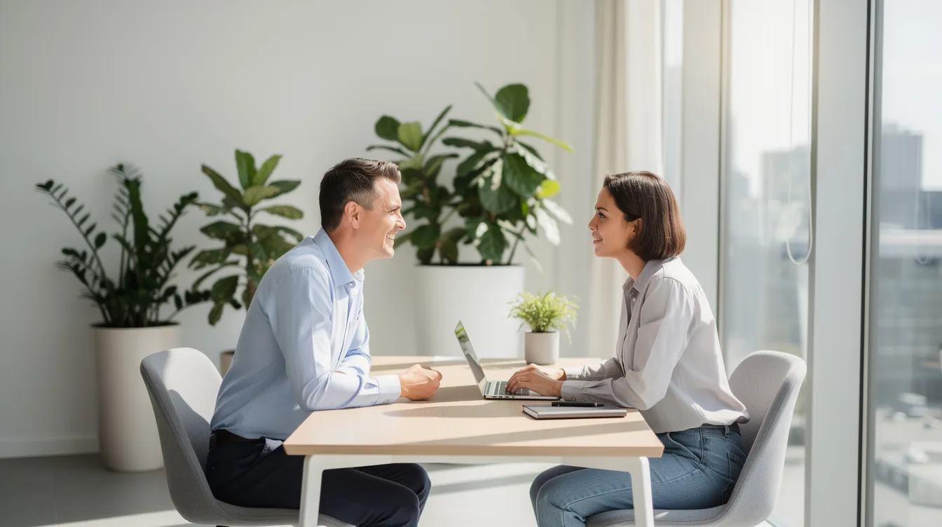 Dans un bureau moderne baigné de lumière naturelle, un manager coach est engagé dans une conversation individuelle avec un collaborateur, entouré de plantes qui ajoutent une touche de bien-être à l'espace. Cette interaction met en avant l'importance de l'écoute active et du coaching dans le management au sein d'une équipe.