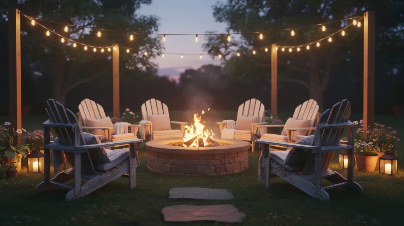 A cozy backyard bonfire party is set at dusk, featuring a warm fire pit surrounded by Adirondack chairs arranged in a circle, with string lights overhead creating a magical atmosphere. Guests can enjoy roasting marshmallows and sharing stories while wrapped in cozy blankets, making it a memorable night with friends and family.