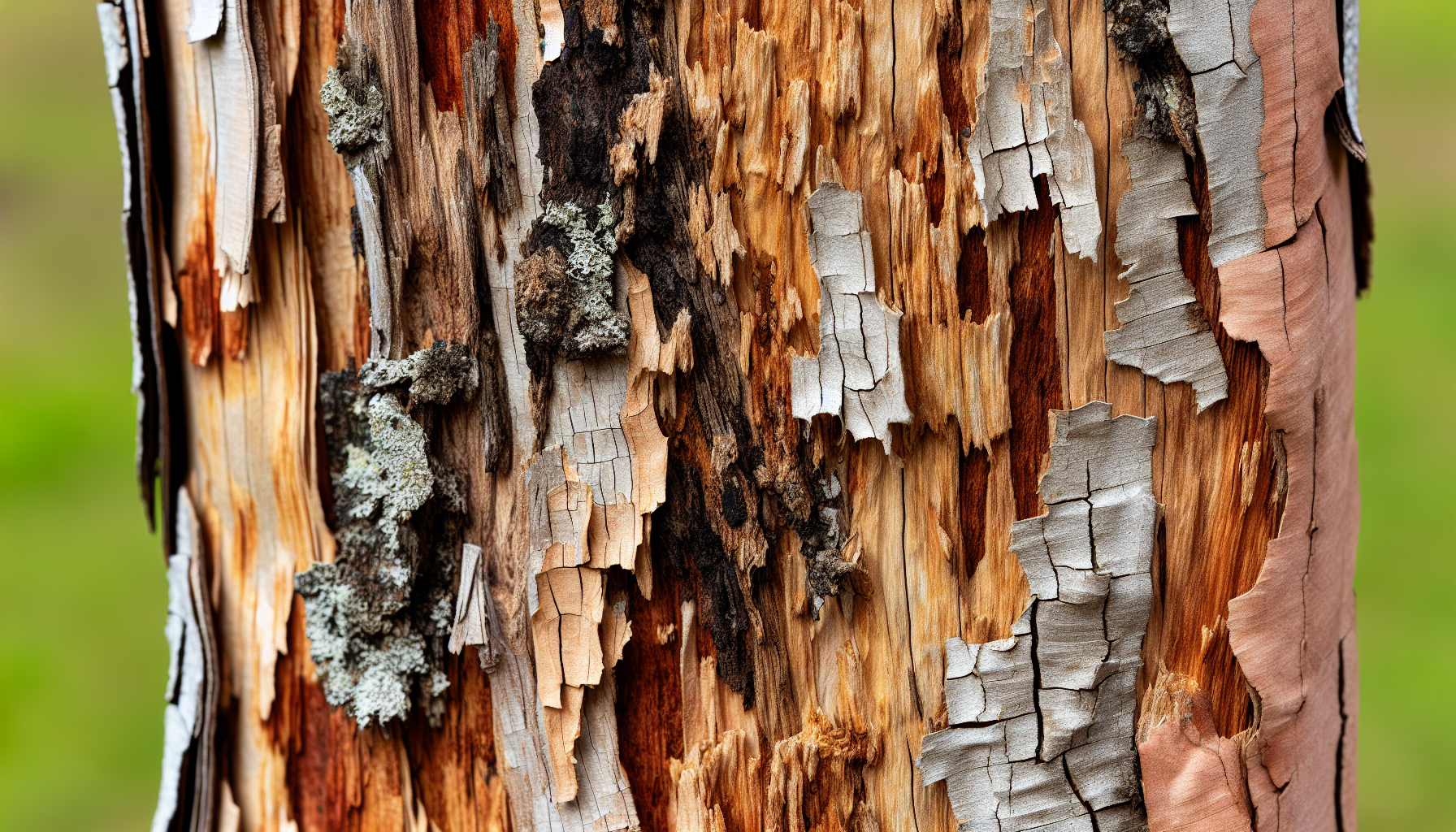 Tree trunk with peeling bark and signs of decay