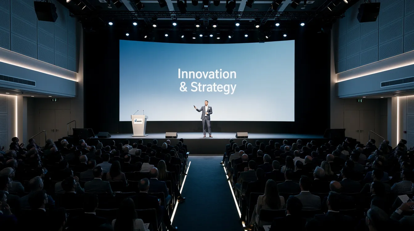 A leadership keynote speaker stands confidently on a large corporate stage, addressing a packed audience in a modern conference hall, sharing actionable insights on leadership development and team dynamics. The atmosphere is filled with engagement as business leaders and attendees absorb the valuable strategies for fostering high-performing teams and enhancing organizational culture.