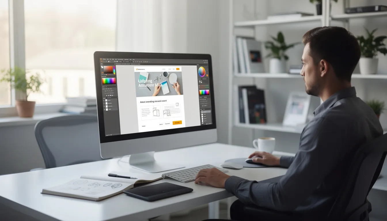 A web designer is focused on a computer screen displaying a website design project, showcasing the content creation process aimed at attracting customers through high-quality visual content. The workspace reflects a commitment to developing a content marketing strategy that engages the target audience and enhances online visibility.