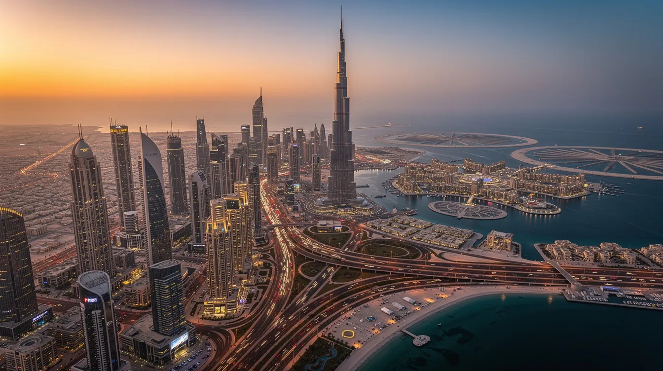 A imagem retrata a icônica cidade de Dubai, localizada nos Emirados Árabes Unidos, com seus modernos arranha-céus, incluindo o famoso Burj Khalifa. Ao fundo, é possível ver o deserto árabe que circunda a cidade, simbolizando a fusão entre tradição e estilo de vida contemporâneo na península arábica.