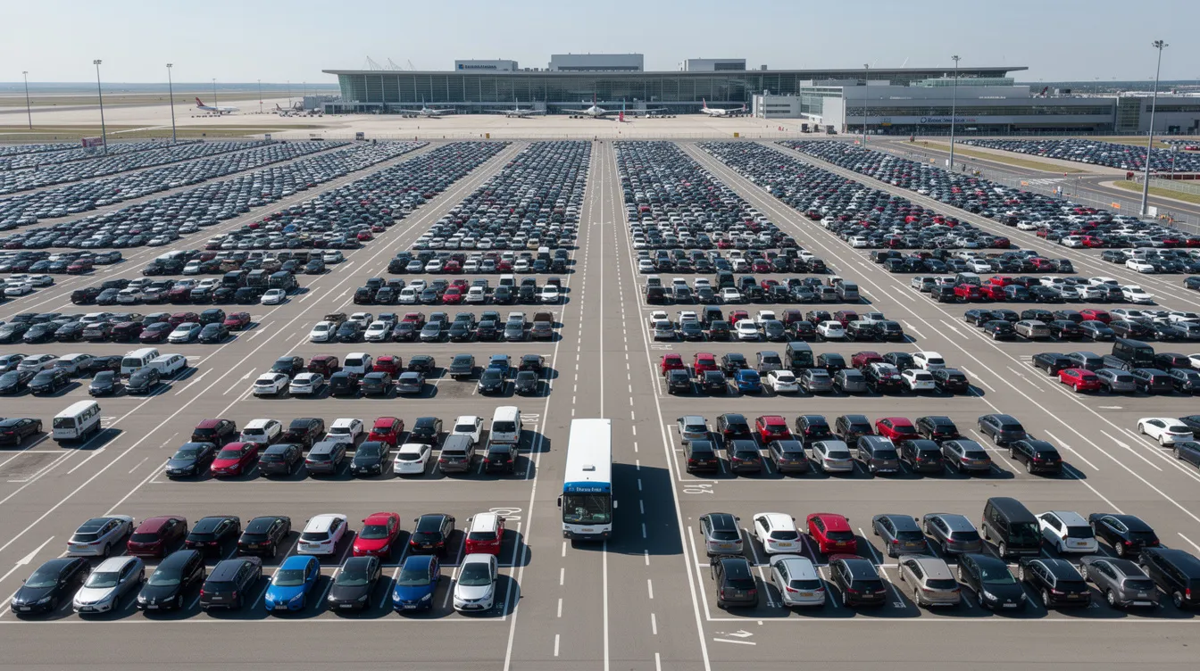 An aerial view of a large car park at Glasgow Airport shows neatly arranged rows of parked cars, with a small shuttle bus navigating along a designated lane, providing convenient transport options for passengers heading to the terminal. This scene highlights the various parking options available, including long stay and short stay parking, making it easy for travelers to find secure and affordable Glasgow airport parking.