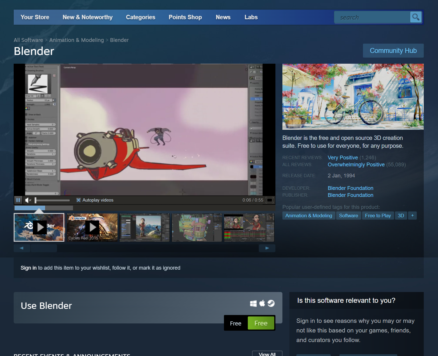A screenshot of the Steam Blender page showing Blender is free and easy to download