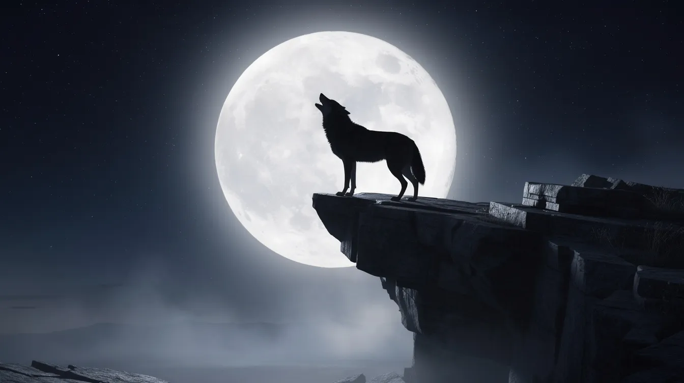Die Silhouette eines einsamen Wolfes steht majestätisch auf einem Felsvorsprung, während ein großer Vollmond die nächtliche Szenerie erleuchtet. Diese eindrucksvolle Darstellung erinnert an die Themen von "The Wolf of Wall Street", in der Gier und Erfolg im Fokus stehen.