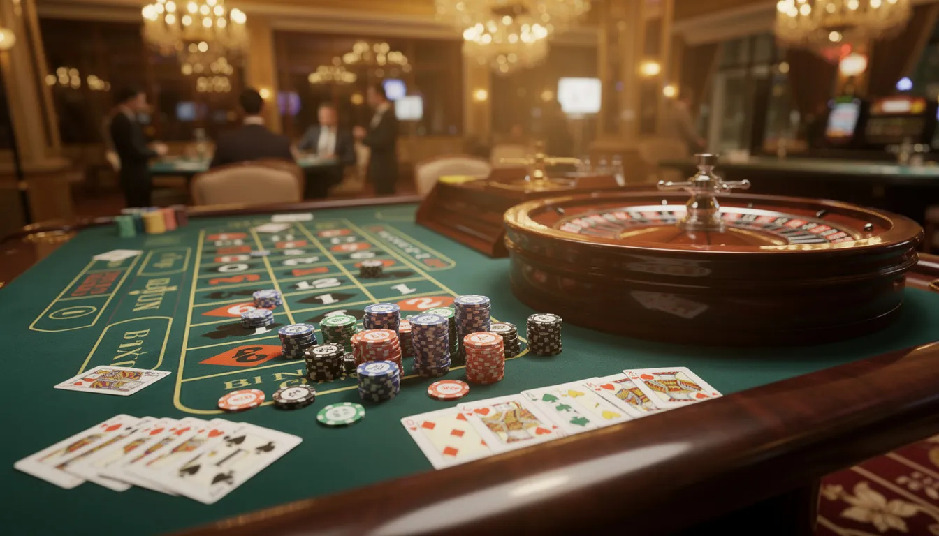 En roulettebord i en livlig casinomiljö, med marker och spelkort spridda över ytan, ger en känsla av spänning och underhållning. Hos Jubla Casino kan spelare njuta av ett brett utbud av spel, inklusive roulette och blackjack, med snabba uttag och en svensk licens.