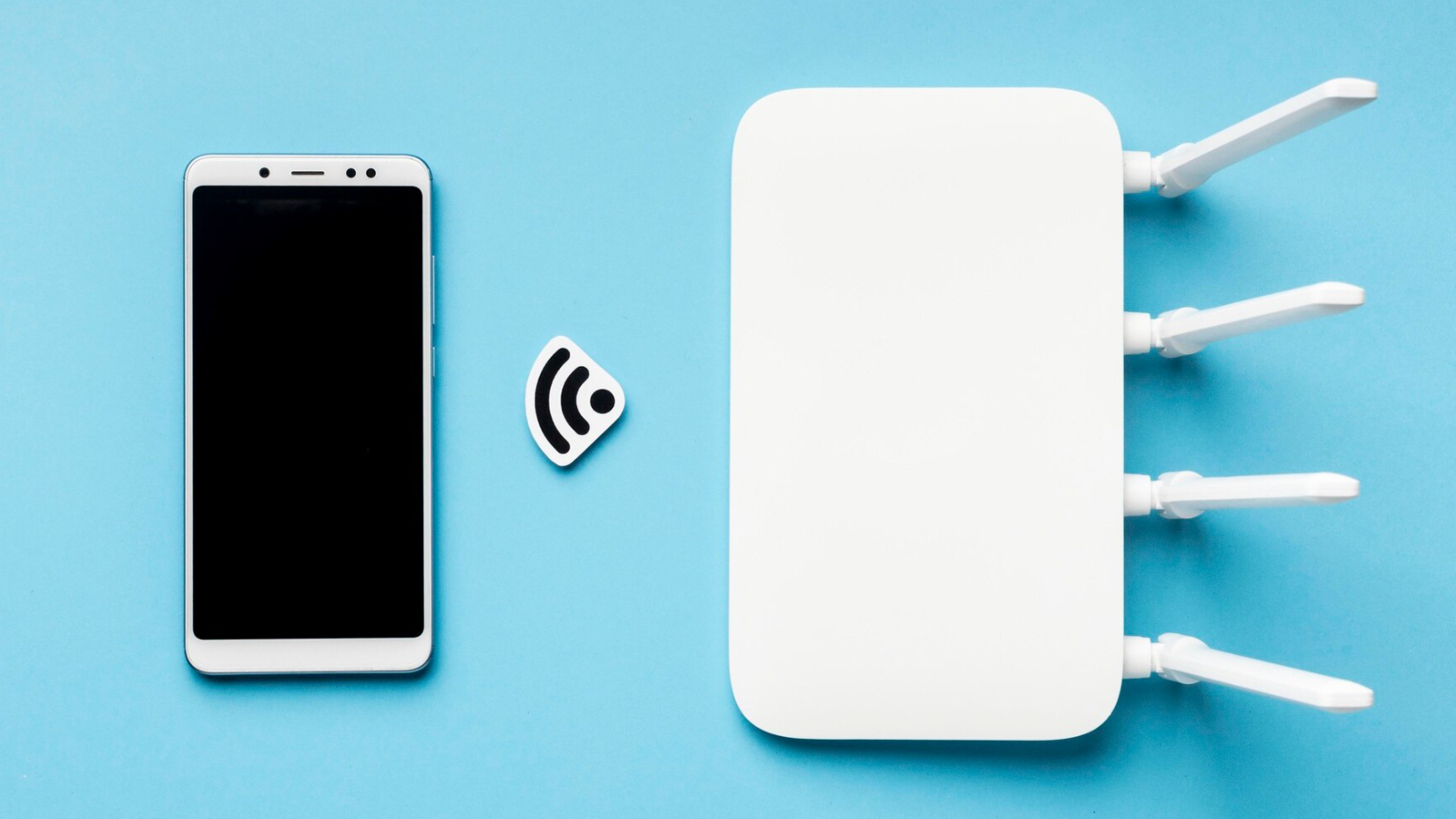 Smartphone beside a Wi-Fi router and signal icon, illustrating the infrastructure and connectivity behind business VoIP.