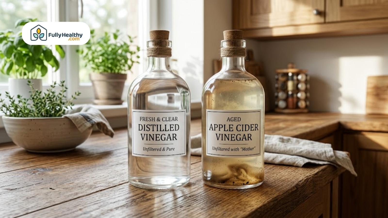 Two bottles of distilled vinegar and apple cider vinegar on countertop