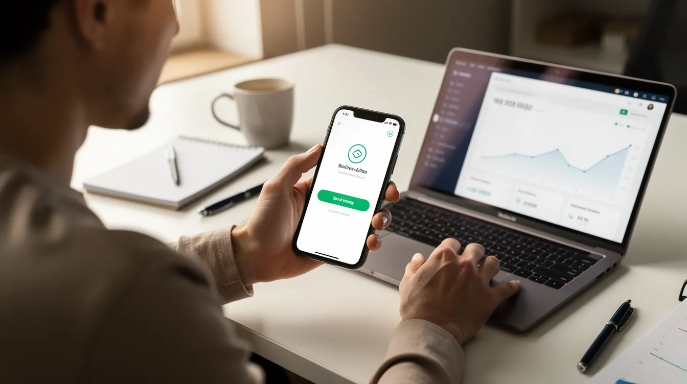 A person is sitting at a desk, using a smartphone money transfer app to send euro payments while a laptop is open in front of them. This scene illustrates the convenience of swift and SEPA transfers for international payments and cashless transactions.