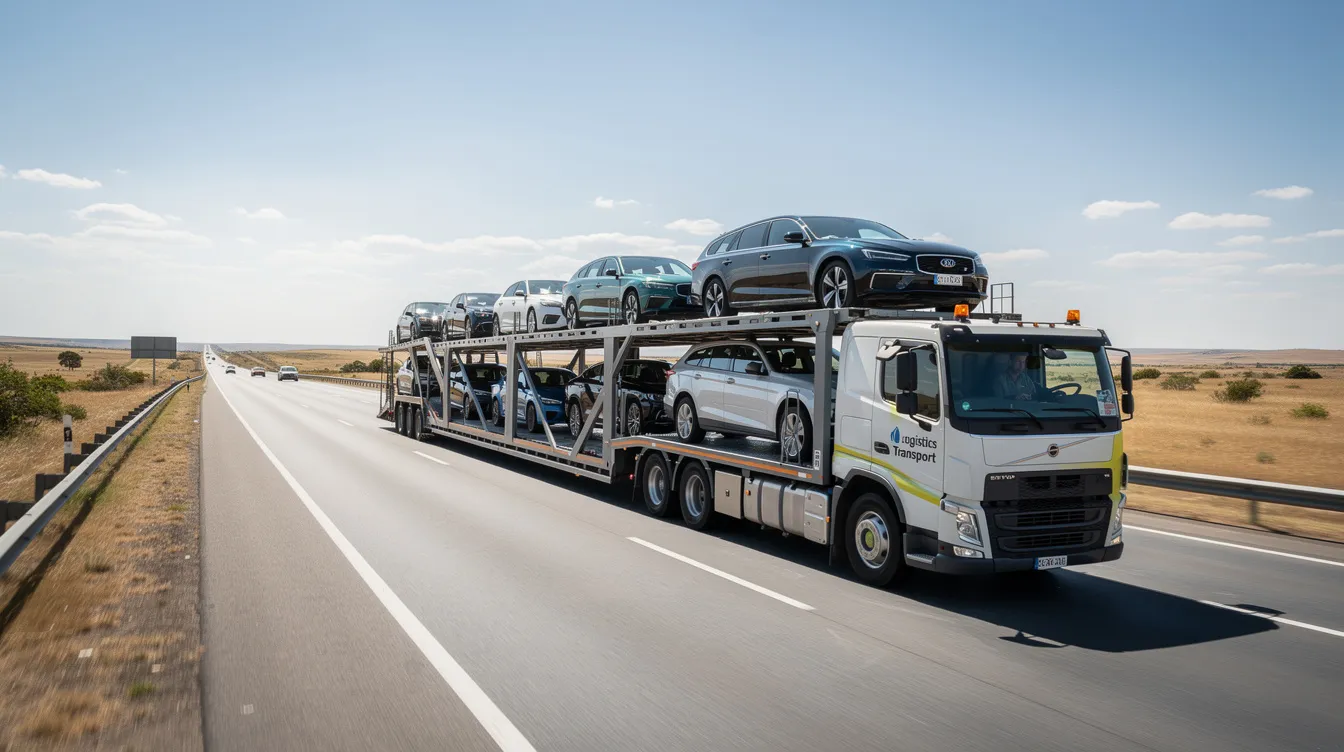 A professional car transporter truck is driving along a sunny highway, surrounded by flat terrain, showcasing the efficient auto transport services available for seasonal travelers. This vehicle represents the hassle-free experience of car shipping for snowbirds moving to warmer climates.