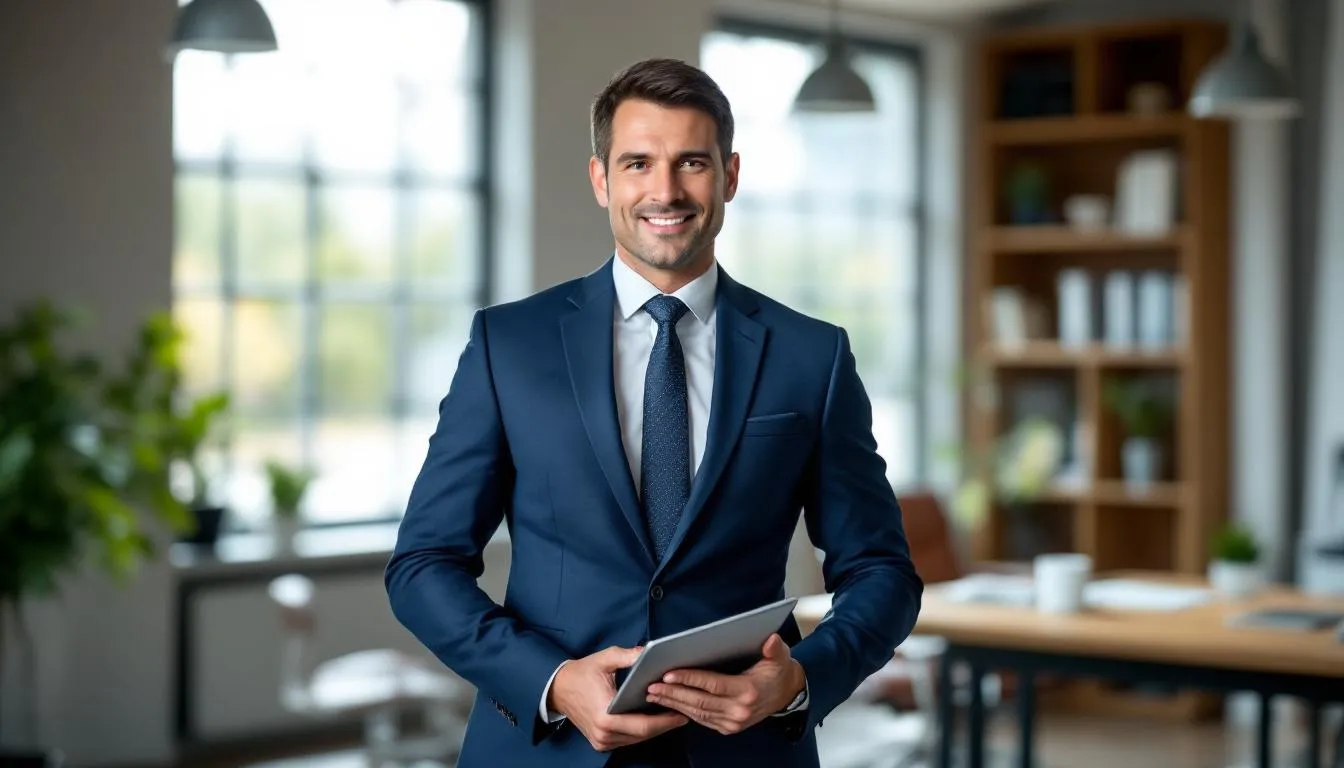 A confident small business owner stands proudly in their office, reflecting on a successful financial decision that has positively impacted their cash flow and revenue. The atmosphere conveys a sense of accomplishment, highlighting the importance of effective business funding and management.