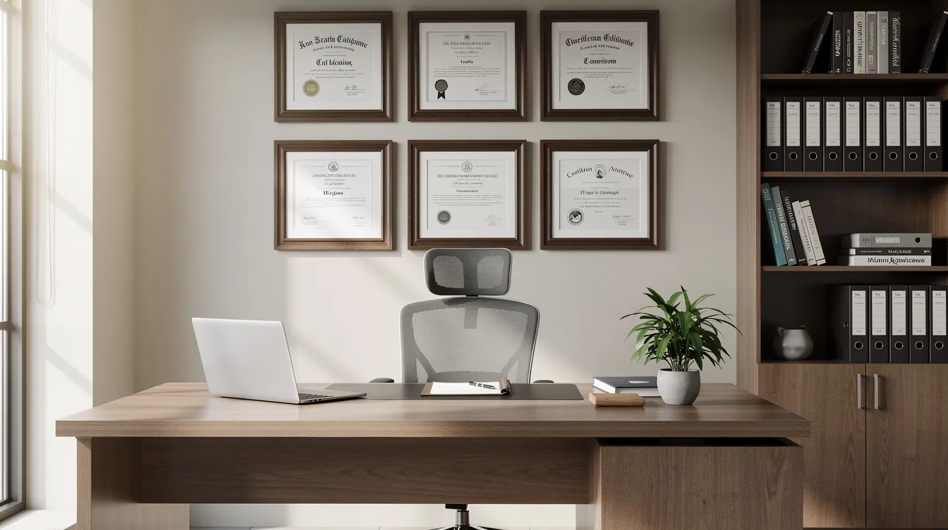 The image depicts a professional office setting featuring framed diplomas on the wall, showcasing various diploma designs that symbolize educational achievements. This environment emphasizes the importance of credentials and professional development for students and graduates.