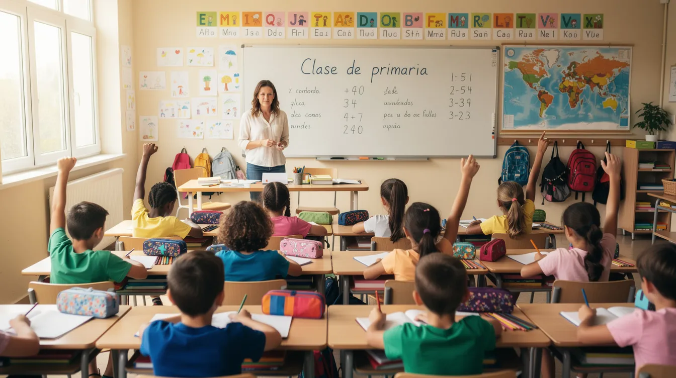 Un grupo de alumnos de primaria se encuentra en clase, prestando atenci&oacute;n a su profesor, quien les explica conceptos de matem&aacute;ticas y lengua. La imagen refleja un ambiente educativo, donde los ni&ntilde;os participan activamente en su aprendizaje y refuerzo acad&eacute;mico.