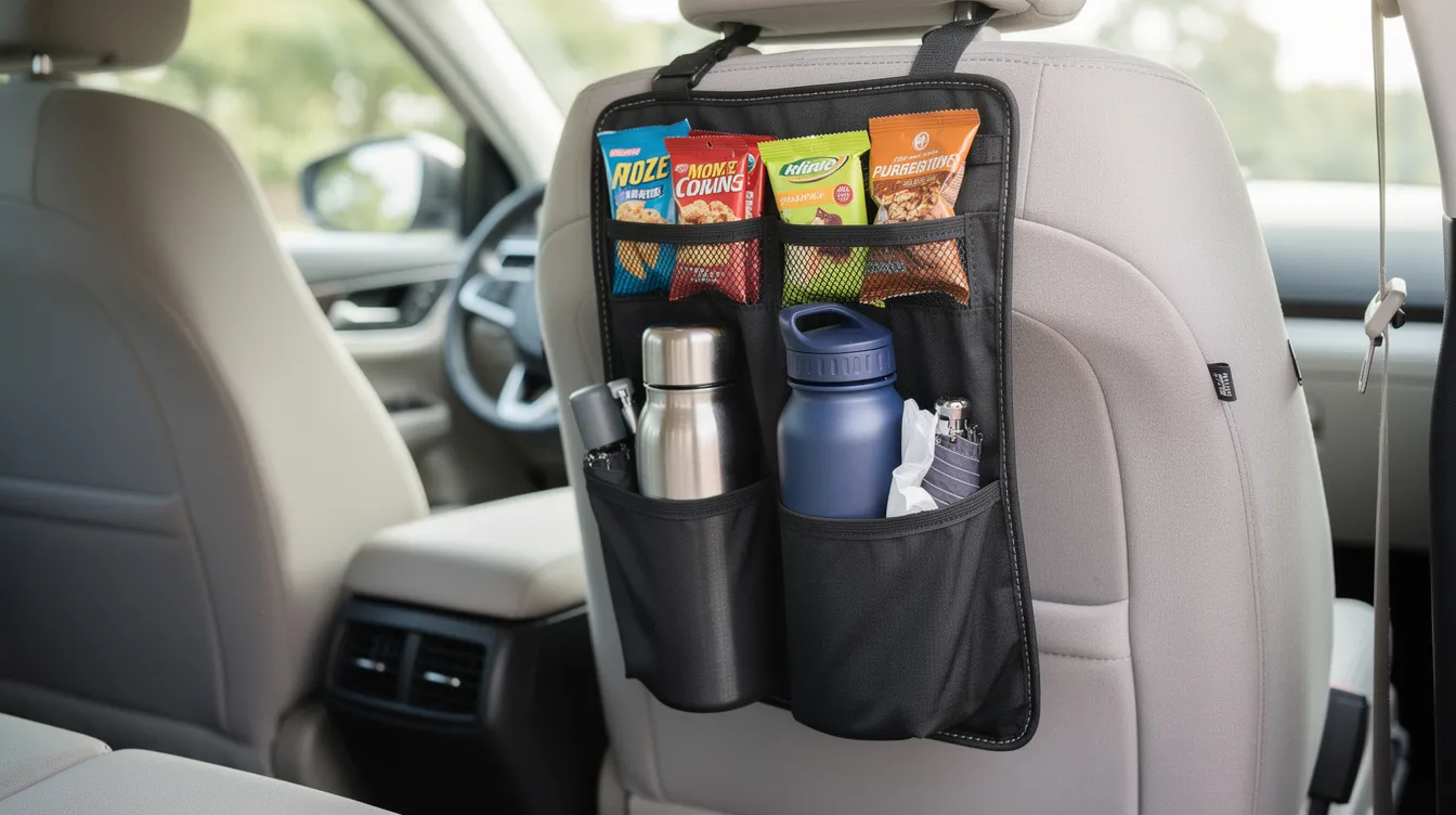 The image features a back-of-seat organizer in a vehicle, showcasing neatly stored water bottles and snacks in various pockets, highlighting essential car accessories that enhance the driving experience for families on road trips. This compact storage solution is a must-have accessory for maintaining a clean car and keeping kids entertained during long drives.