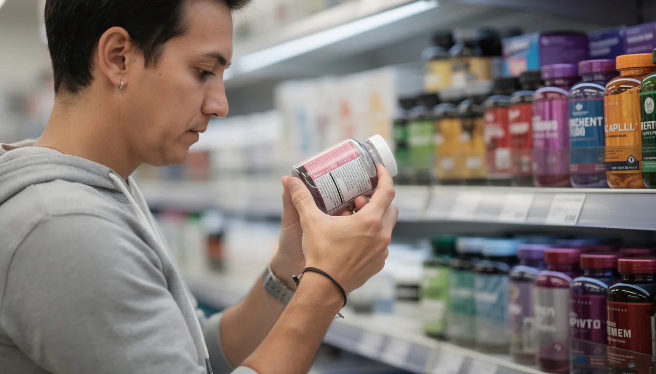 A person is intently examining a dietary supplement label in a store aisle, focusing on the ingredients and health benefits to ensure safety and effectiveness. The scene highlights the importance of informed choices when selecting herbal supplements and products for complementary and integrative health.