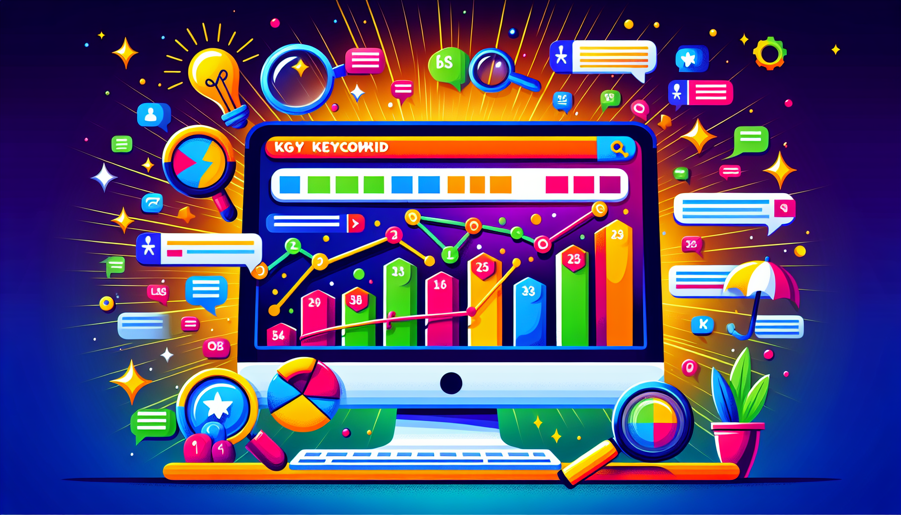 An illustration showing keyword research with Ahrefs data and search engine results.