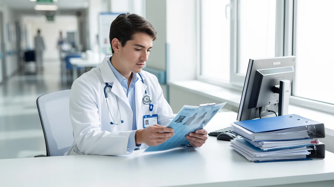 A physician in a white coat is intently reviewing a patient chart at a hospital desk, highlighting the importance of accurate medical records and timely diagnosis to prevent medical malpractice cases. This scene underscores the critical role healthcare providers play in ensuring correct diagnoses and avoiding potential diagnostic errors that could lead to serious consequences for patients.