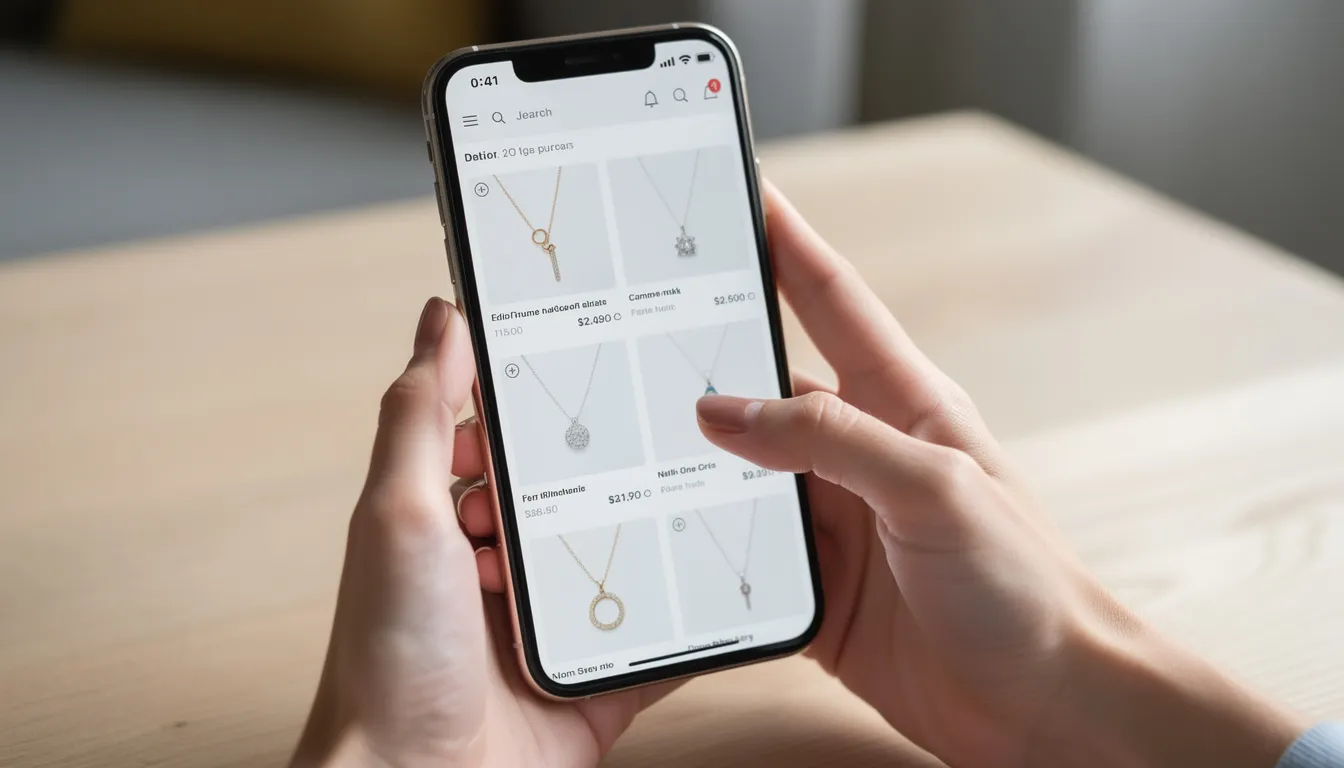 A close-up image shows hands holding a smartphone, browsing a jewelry website that features various necklaces displayed prominently. This visual highlights the intersection of digital marketing and user engagement, as users search for relevant products online.