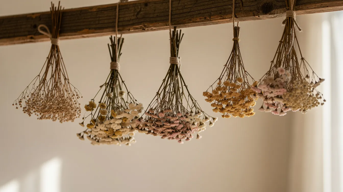 Bosjes gedroogde bloemen hangen ondersteboven aan een houten balk in een lichte, droge ruimte, wat een creatieve manier van decoratie biedt. De warme kleuren van de verschillende droogbloemen, zoals lavendel en hortensia's, voegen een natuurlijke schoonheid toe aan het interieur.